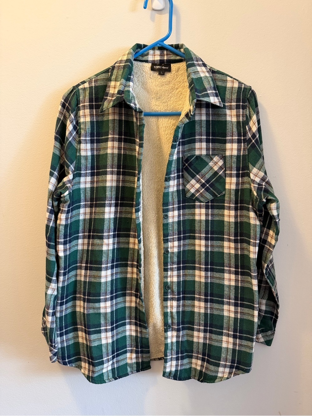 Green and White Plaid Sherpa-Lined Flannel Shirt